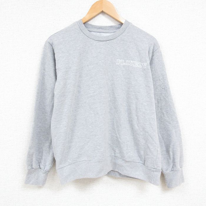 L★古着 長袖 スウェット メンズ プレイボーイ PLAY BOY ワンポイントロゴ クルーネック グレー 霜降り 25jan06 中古 スエット トレーナー トップス