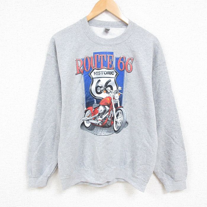 【50%OFF】L★古着 長袖 スウェット メンズ ROUTE66 クルーネック グレー 霜降り 25jan06 中古 スエット トレーナー トップス