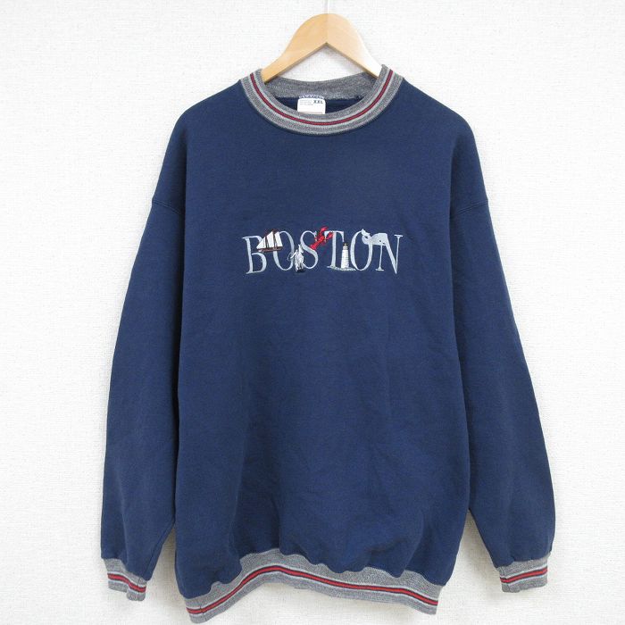 XL★古着 ウィルソン 長袖 スウェット メンズ 90年代 90s BOSTON 刺繍 大きいサイズ クルーネック USA製 紺 ネイビー 【spe】 25jan07 中古 スエット トレーナー トップス
