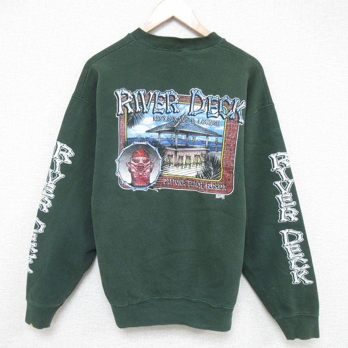 【50%OFF】L★古着 長袖 スウェット メンズ RIVER DECK クルーネック 緑 グリーン 25jan07 中古 スエット トレーナー トップス