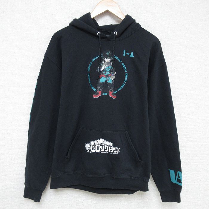 L★古着 長袖 スウェット パーカー メンズ アニメ 僕のヒーローアカデミア 緑谷出久 グリーン 黒 ブラック 25jan07 中古 スエット トレーナー トップス