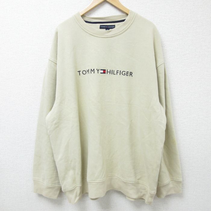 【50%OFF】XL★古着 トミーヒルフィガー TOMMY HILFIGER 長袖 ブランド スウェット メンズ 00年代 00s ビッグロゴ 刺繍 大きいサイズ クルーネック ベージュ カーキ 【spe】 25jan10 中古 スエット トレーナー トップス