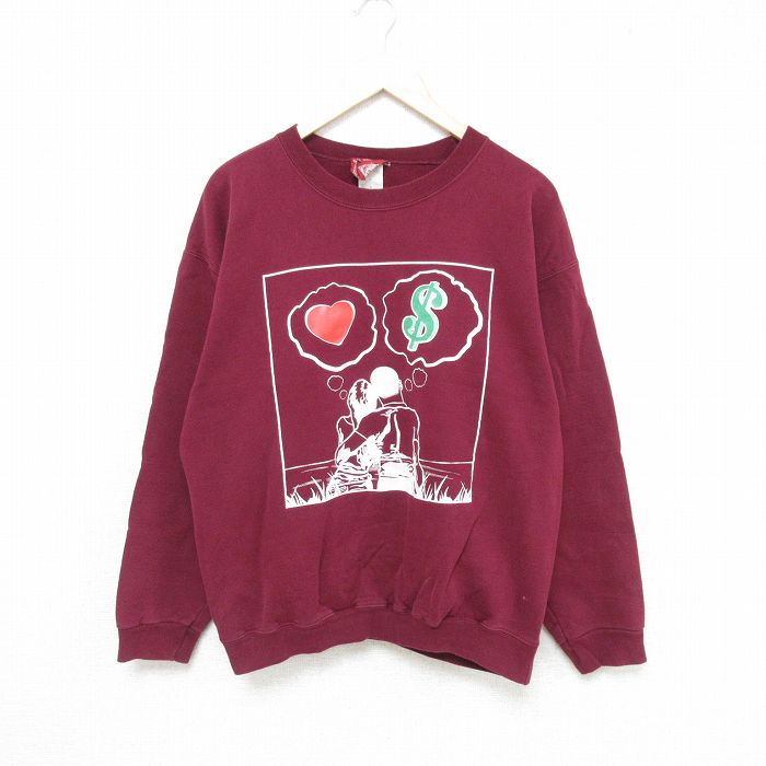 【50%OFF】L★古着 長袖 スウェット メンズ 人 ハート クルーネック エンジ 25jan07 中古 スエット トレーナー トップス
