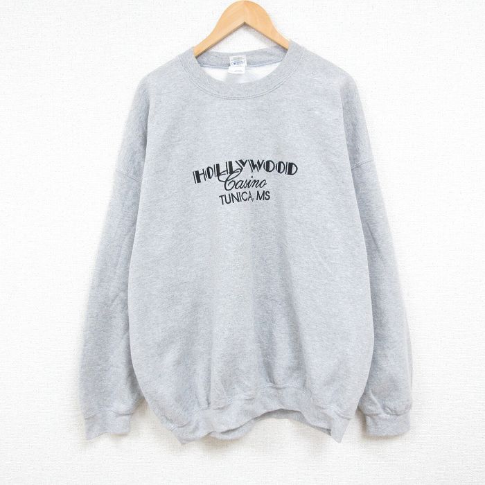 XL★古着 長袖 スウェット メンズ 00年代 00s HOLLYWOOD 刺繍 大きいサイズ クルーネック グレー 霜降り 25jan07 中古 スエット トレーナー トップス
