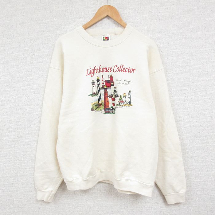 【50%OFF】L★古着 フルーツオブザルーム 長袖 スウェット メンズ 00年代 00s 灯台 クルーネック 白 ホワイト 25jan07 中古 スエット トレーナー トップス