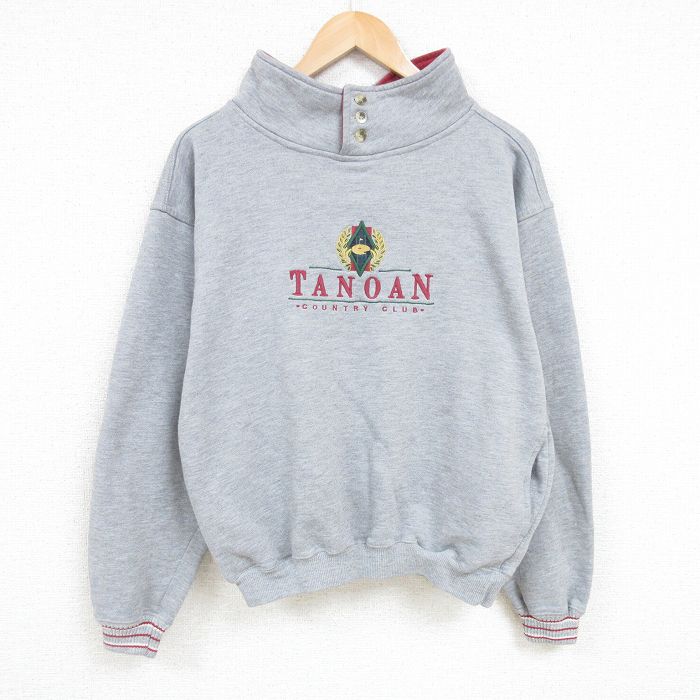 【50%OFF】L★古着 長袖 スウェット メンズ 00年代 00s タノ語族 刺繍 モックネック ハイネック グレー 霜降り 25jan08 中古 スエット トレーナー トップス