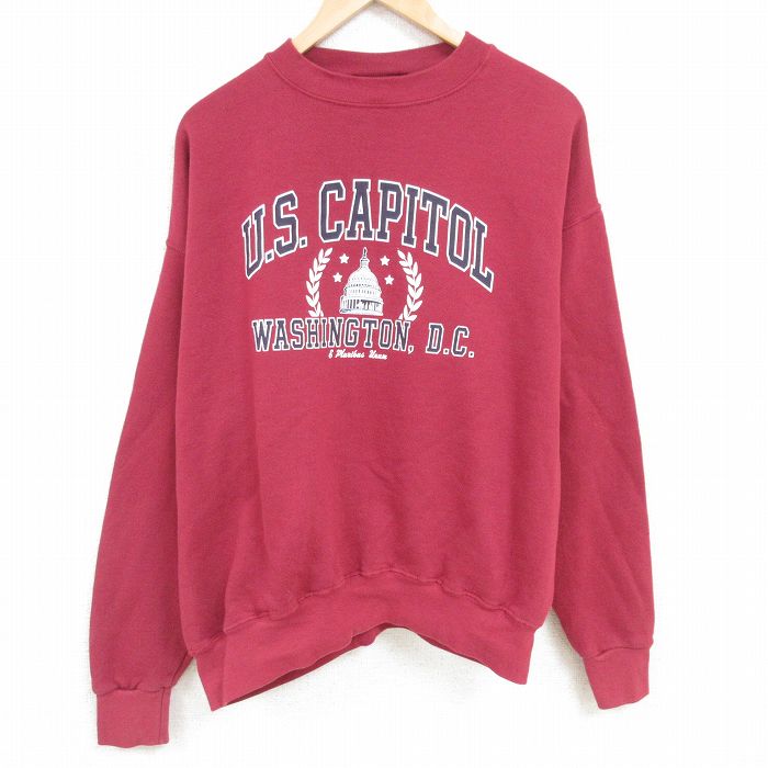 XL★古着 長袖 スウェット メンズ 90年代 90s ワシントンDC 大きいサイズ クルーネック USA製 エンジ 25jan08 中古 スエット トレーナー トップス