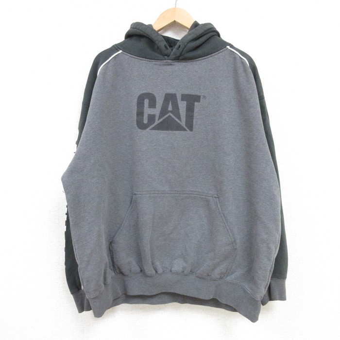 【50%OFF】XL★古着 長袖 スウェット パーカー メンズ CAT ツートンカラー 大きいサイズ グレー他 霜降り 【spe】 25jan09 中古 スエット トレーナー トップス