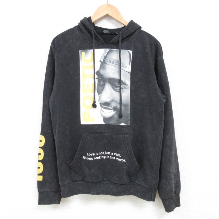 【50%OFF】M★古着 長袖 スウェット パーカー メンズ 映画 ポエティックジャスティス トゥパック 2パック 2PAC 黒 ブラック ブリーチ加工 25jan11 中古 スエット トレーナー トップス