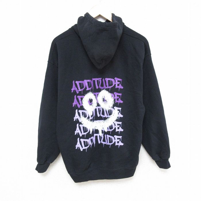 【50%OFF】L★古着 長袖 スウェット パーカー メンズ ADDITUDE 黒 ブラック 25jan15 中古 スエット トレーナー トップス