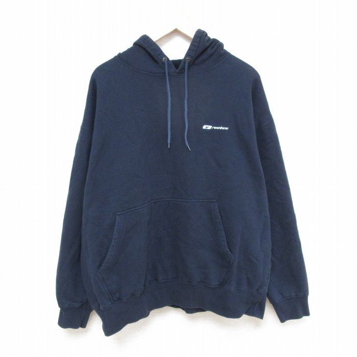 【50%OFF】XL★古着 リーボック REEBOK 長袖 スウェット パーカー メンズ 00年代 00s ワンポイントロゴ 大きいサイズ 紺 ネイビー 25jan15 中古 スエット トレーナー トップス