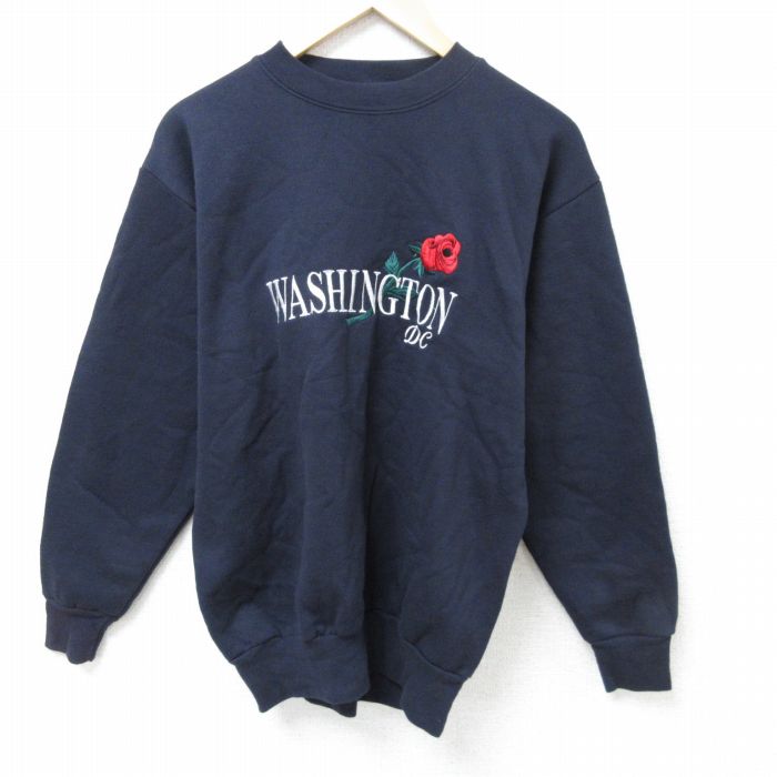 【50%OFF】M★古着 長袖 スウェット メンズ 90年代 90s ワシントン 花 刺繍 クルーネック USA製 黒 ブラック 25jan15 中古 スエット トレーナー トップス