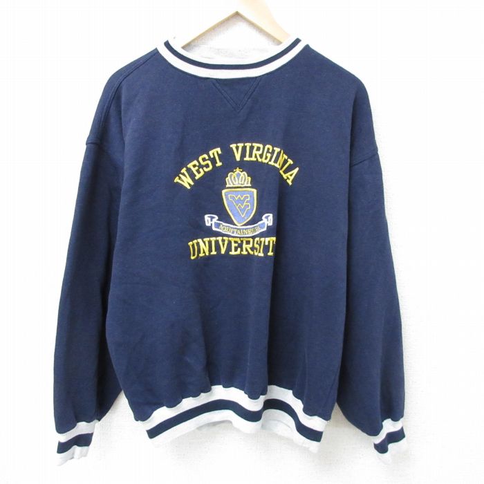 【50%OFF】L★古着 長袖 スウェット メンズ 00年代 00s ウエストバージニア 大学 刺繍 クルーネック 紺 ネイビー 25jan15 中古 スエット トレーナー トップス
