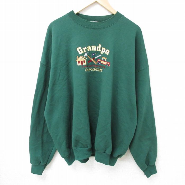 【50%OFF】XL★古着 ヘインズ Hanes 長袖 スウェット メンズ 00年代 00s 家 車 刺繍 大きいサイズ クルーネック 緑 グリーン 25jan15 中古 スエット トレーナー トップス