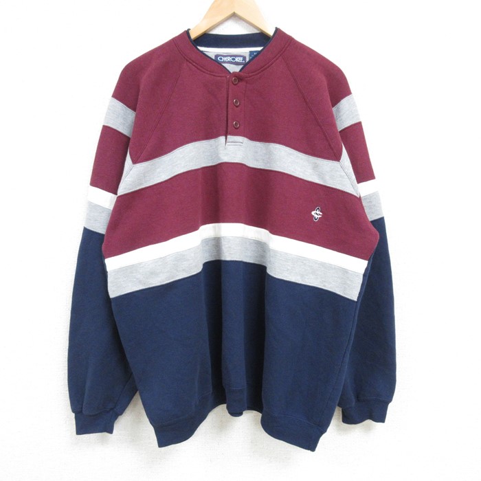 【50%OFF】XL★古着 チェロキー 長袖 スウェット メンズ 90年代 90s マルチカラー ヘンリーネック ラグラン エンジ他 25jan16 中古 スエット トレーナー トップス