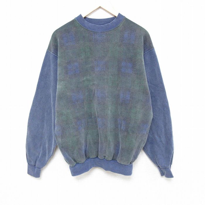 【50%OFF】L★古着 アメリカンイーグル American Eagle 長袖 スウェット メンズ 90年代 90s ツートンカラー クルーネック 緑他 グリーン チェック 25jan27 中古 スエット トレーナー トップス