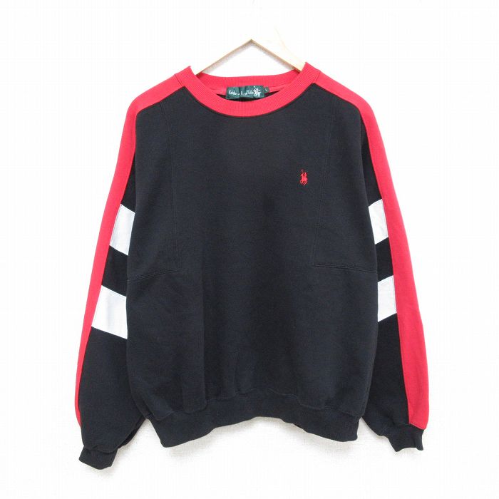 XL★古着 長袖 スウェット メンズ 90年代 90s マルチカラー 大きいサイズ ラグラン クルーネック 黒他 ブラック 25jan27 中古 スエット トレーナー トップス