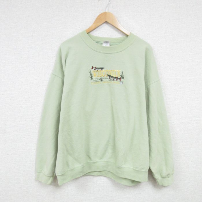 XL★古着 長袖 スウェット メンズ 00年代 00s 魚 刺? 大きいサイズ クルーネック 薄緑 グリーン 25jan20 中古 スエット トレーナー トップス