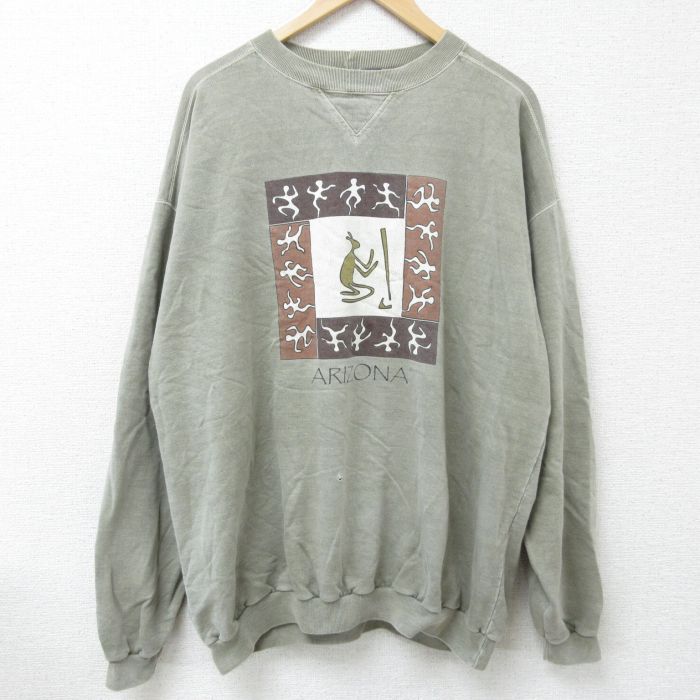 【50%OFF】XL★古着 長袖 スウェット メンズ 00年代 00s アリゾナ 大きいサイズ コットン クルーネック 濃ベージュ カーキ 霜降り 25jan25 中古 スエット トレーナー トップス