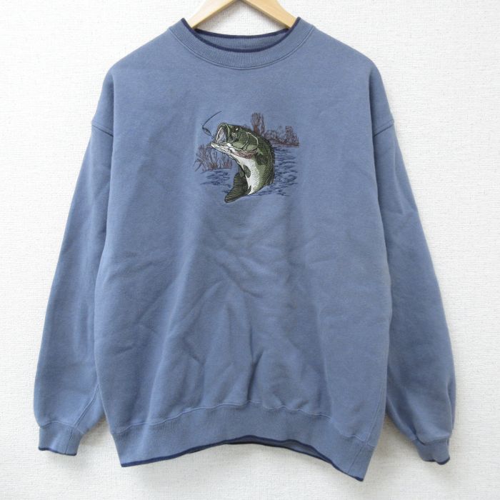 L★古着 長袖 スウェット メンズ 00年代 00s バス 刺繍 クルーネック 水色 25jan25 中古 スエット トレーナー トップス
