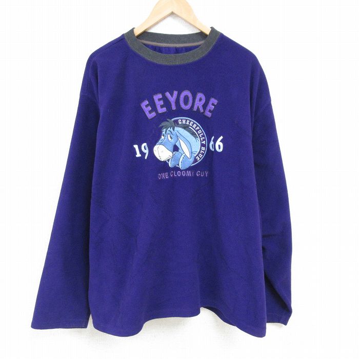 XL★古着 長袖 フリース トップス メンズ 00年代 00s ディズニー DISNEY くまのプーさん イーヨー 刺繍 大きいサイズ クルーネック 濃紫 パープル 25jan22 中古 スエット トレーナー