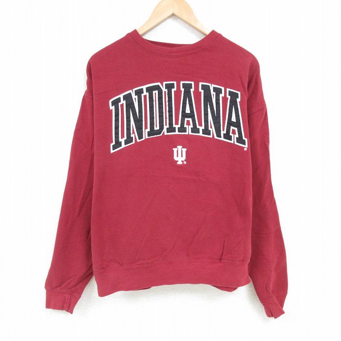 XL★古着 長袖 スウェット メンズ インディアナ 刺繍 大きいサイズ クルーネック エンジ 25jan22 中古 スエット トレーナー トップス