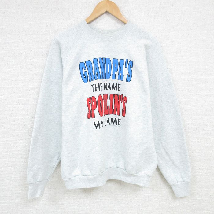 【50%OFF】XL★古着 フルーツオブザルーム 長袖 スウェット メンズ 90年代 90s メッセージ ラグラン クルーネック USA製 薄グレー 霜降り 25jan22 中古 スエット トレーナー トップス