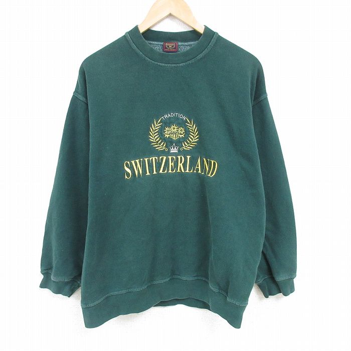 【50%OFF】XL★古着 長袖 スウェット メンズ 00年代 00s スイス 刺繍 クルーネック 緑 グリーン 25jan23 中古 スエット トレーナー トップス