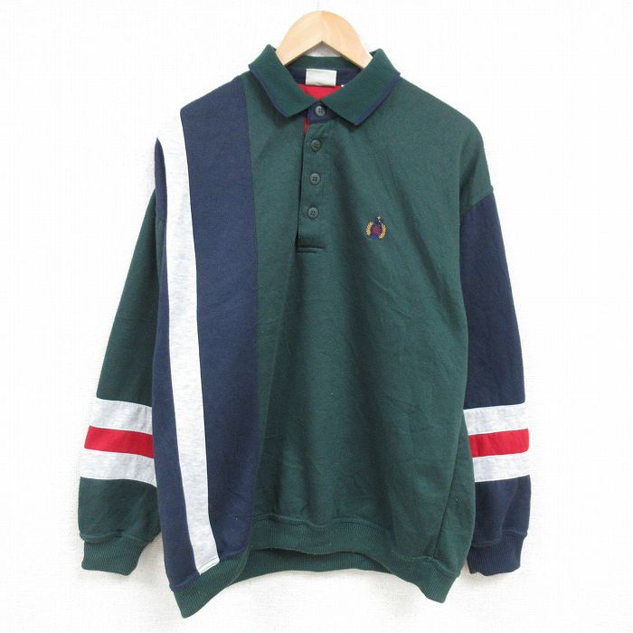 【50%OFF】XL★古着 ビューグルボーイ 長袖 スウェット メンズ 00年代 00s ワンポイントロゴ マルチカラー 大きいサイズ 襟付き 濃緑他 グリーン 25jan23 中古 スエット トレーナー トップス