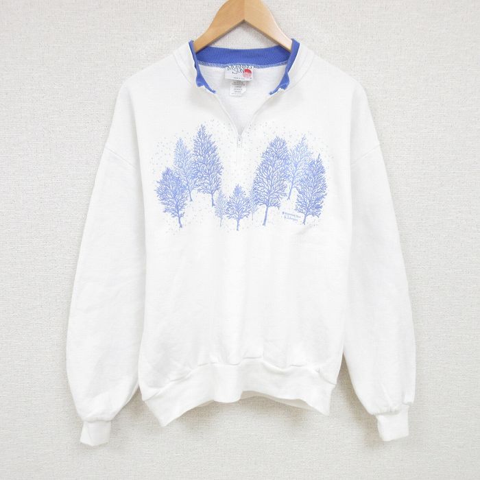 【50%OFF】XL★古着 長袖 ハーフジップ スウェット メンズ 90年代 90s 木 USA製 白 ホワイト 25jan24 中古 スエット トレーナー トップス