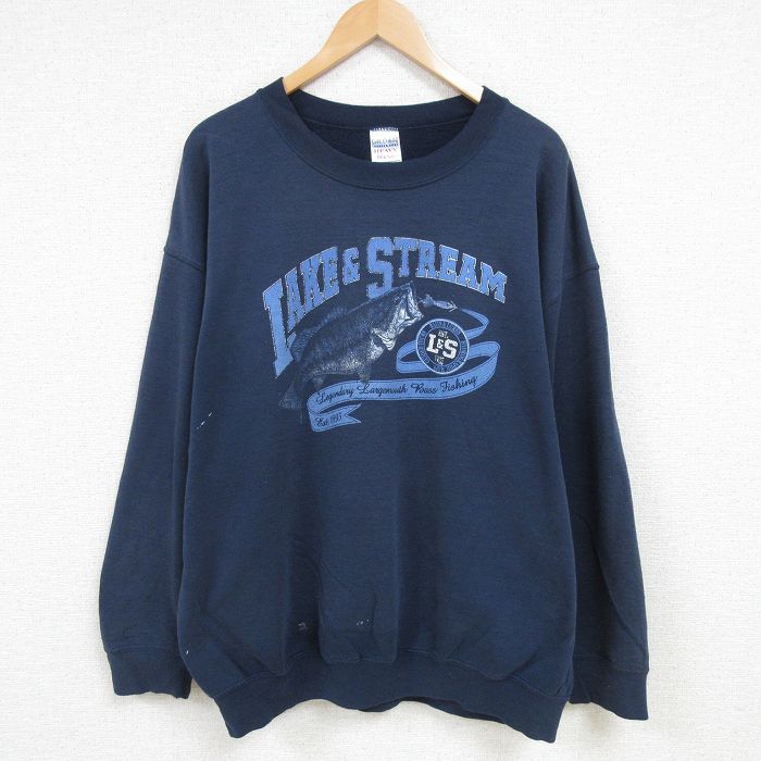 【50%OFF】XL★古着 長袖 スウェット メンズ 00年代 00s 魚 大きいサイズ クルーネック 紺 ネイビー 25jan27 中古 スエット トレーナー トップス