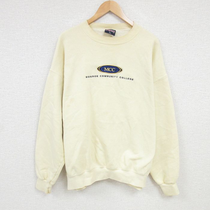 XL★古着 ジャンスポーツ 長袖 スウェット メンズ 00年代 00s モンロー コミュニティ カレッジ 刺繍 大きいサイズ クルーネック 薄黄 イエロー 25jan27 中古 スエット トレーナー トップス