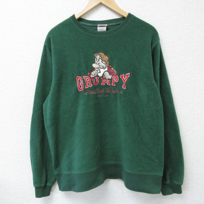 【50%OFF】XL★古着 長袖 フリース トップス メンズ 00年代 00s ディズニー DISNEY しらゆきひめ 7人の小人 七人のこびと グランピー 刺繍 ポリエステル クルーネック 緑 グリーン 25jan31 中古 スエット トレーナー