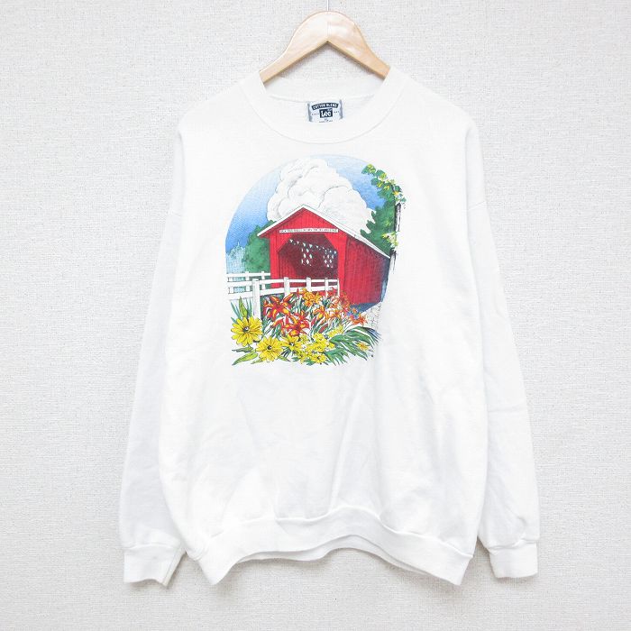 【50%OFF】XL★古着 リー Lee 長袖 スウェット メンズ 90年代 90s 花 クルーネック USA製 白 ホワイト 25jan28 中古 スエット トレーナー トップス