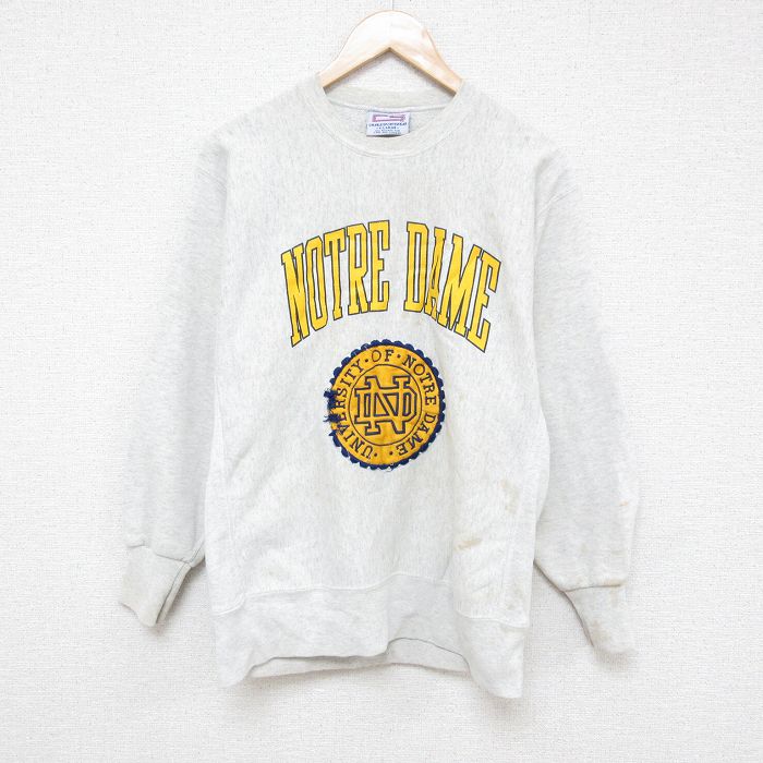【50%OFF】L★古着 長袖 スウェット メンズ 00年代 00s ノートルダム カレッジ 刺繍 クルーネック 薄グレー 霜降り 25jan28 中古 スエット トレーナー トップス