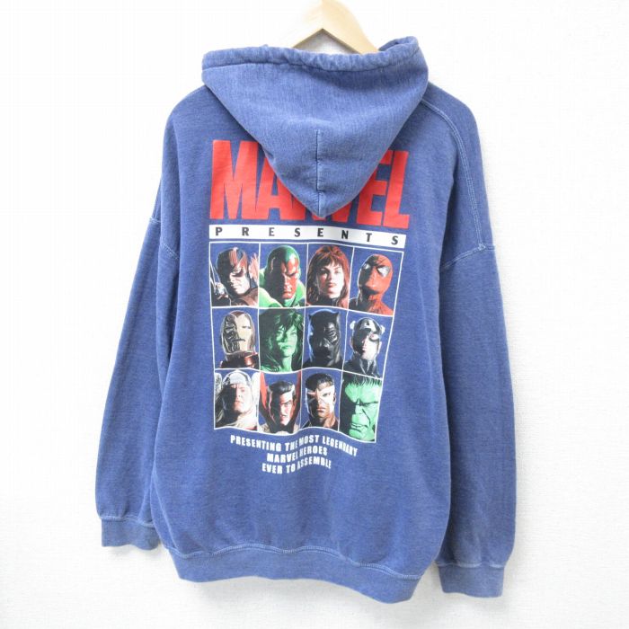 【50%OFF】XL★古着 長袖 スウェット パーカー メンズ マーベル スパイダーマン バットマン BATMAN 大きいサイズ 薄紺 ネイビー 霜降り 25jan29 中古 スエット トレーナー トップス