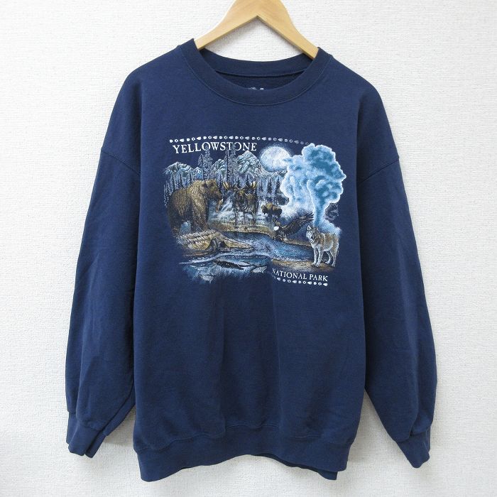 【50%OFF】XL★古着 フルーツオブザルーム 長袖 スウェット メンズ オオカミ 大きいサイズ クルーネック 紺 ネイビー 25feb01 中古 スエット トレーナー トップス