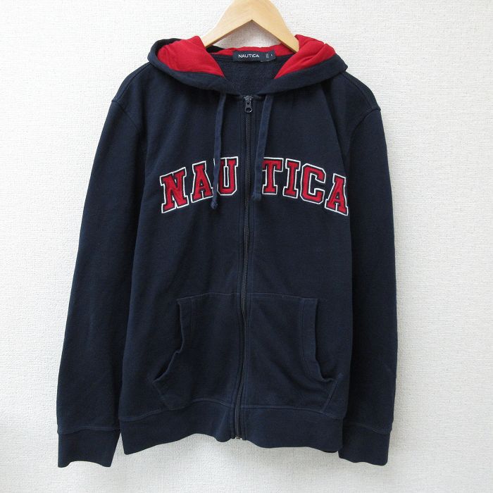 XL★古着 ノーティカ NAUTICA 長袖 ブランド フルジップ スウェット パーカー メンズ ビッグロゴ 刺繍 紺 ネイビー 25feb01 中古 スエット トレーナー トップス