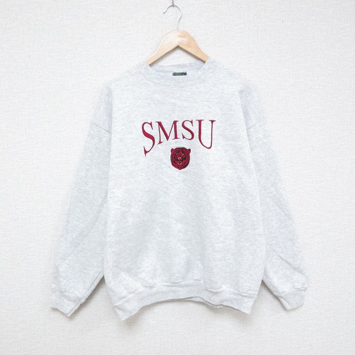L★古着 長袖 スウェット メンズ 90年代 90s SMSU トラ 刺繍 クルーネック USA製 薄グレー 霜降り 25feb03 中古 スエット トレーナー トップス