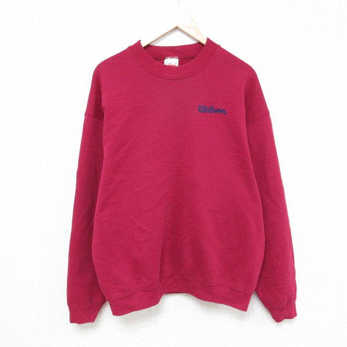 XL★古着 ウィルソン 長袖 スウェット メンズ 90年代 90s ワンポイントロゴ クルーネック USA製 エンジ 25feb03 中古 スエット トレーナー トップス