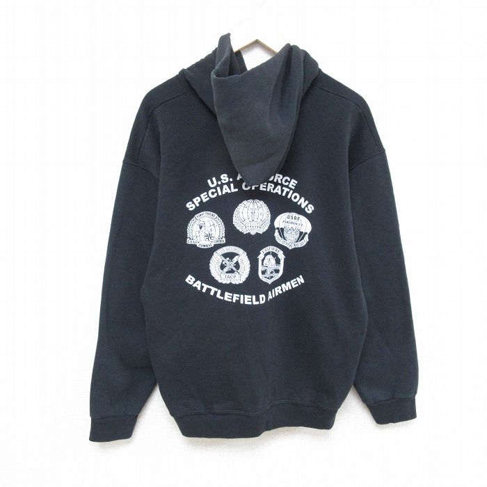 L★古着 長袖 スウェット パーカー メンズ ミリタリー USエアフォース 黒 ブラック 25feb03 中古 スエット トレーナー トップス