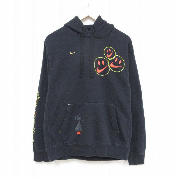 L★古着 ナイキ NIKE 長袖 スウェット パーカー メンズ ワンポイントロゴ スマイル 黒 ブラック 25feb03 中古 スエット トレーナー トップス