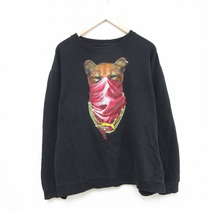 XL★古着 プーマ puma 長袖 スウェット メンズ 動物 クルーネック 黒 ブラック 25feb03 中古 スエット トレーナー トップス