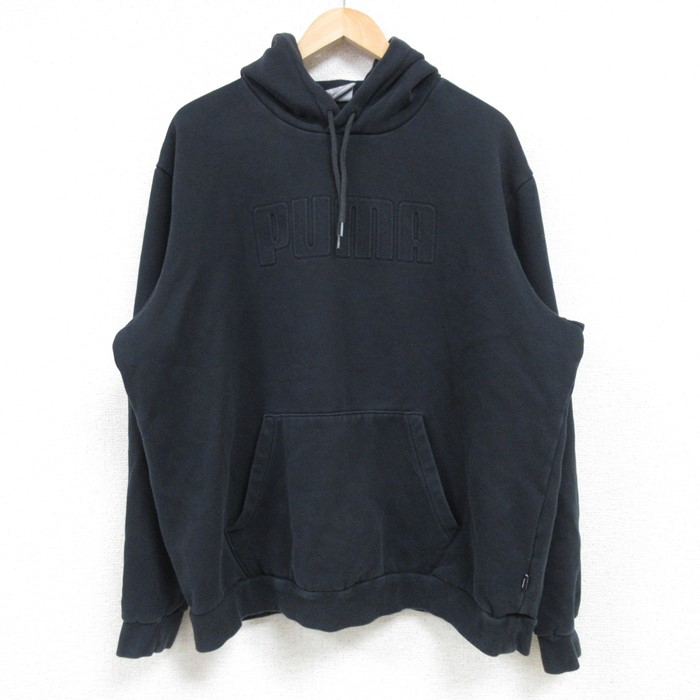 XL★古着 プーマ puma 長袖 スウェット パーカー メンズ ビッグロゴ 大きいサイズ 黒 ブラック 25feb04 中古 スエット トレーナー トップス