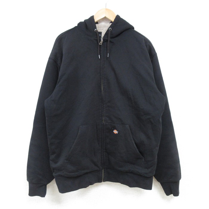 L★古着 ディッキーズ Dickies 長袖 フルジップ スウェット パーカー メンズ 無地 黒 ブラック 内側ボア 25feb04 中古 スエット トレーナー トップス