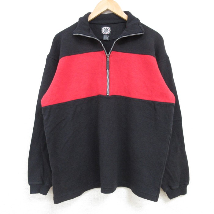 L★古着 長袖 ハーフジップ スウェット メンズ 00年代 00s ツートンカラー コットン 赤他 レッド 25feb04 中古 スエット トレーナー トップス