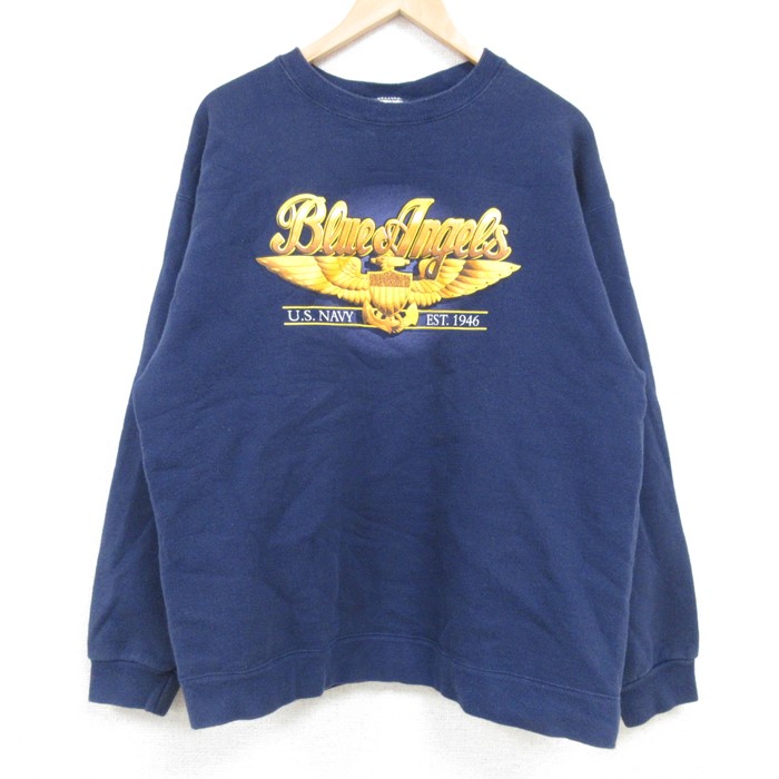 【50%OFF】L★古着 フルーツオブザルーム 長袖 スウェット メンズ 00年代 00s ミリタリー ネイビー NAVY クルーネック 紺 25feb04 中古 スエット トレーナー トップス