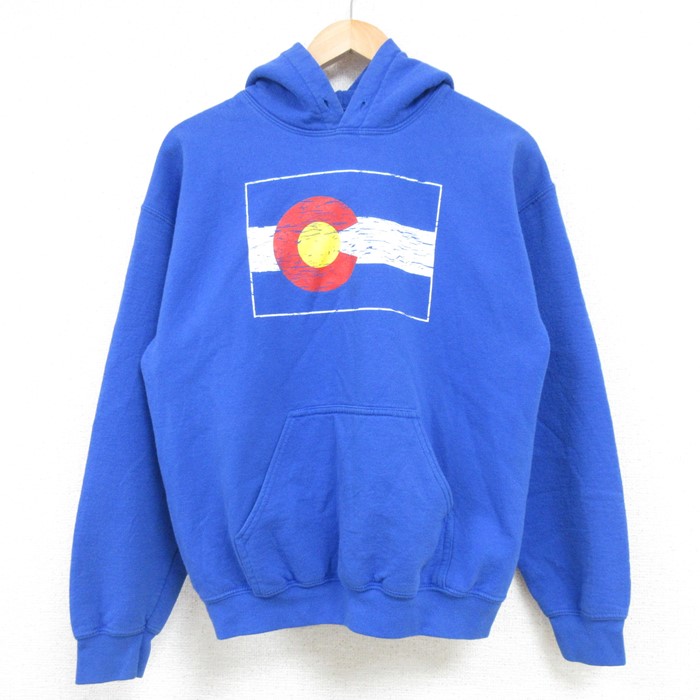 【50%OFF】M★古着 長袖 スウェット パーカー メンズ 00年代 00s コロラド ロッキーマウンテンフラッグ 青 ブルー 25feb04 中古 スエット トレーナー トップス