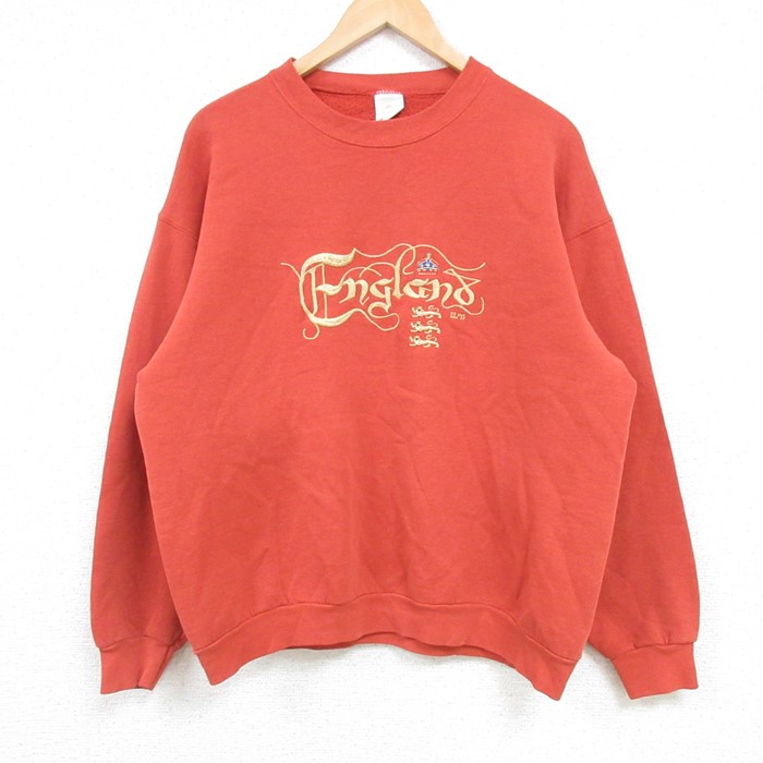 L★古着 フルーツオブザルーム 長袖 スウェット メンズ 90年代 90s イングランド 刺繍 クルーネック USA製 オレンジ 25feb04 中古 スエット トレーナー トップス