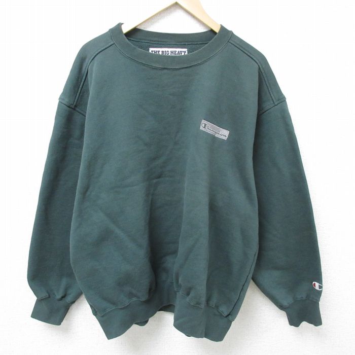 XL★古着 チャンピオン Champion 長袖 スウェット メンズ 90年代 90s ワンポイントロゴ 大きいサイズ クルーネック USA製 濃緑 グリーン 25feb05 中古 スエット トレーナー トップス